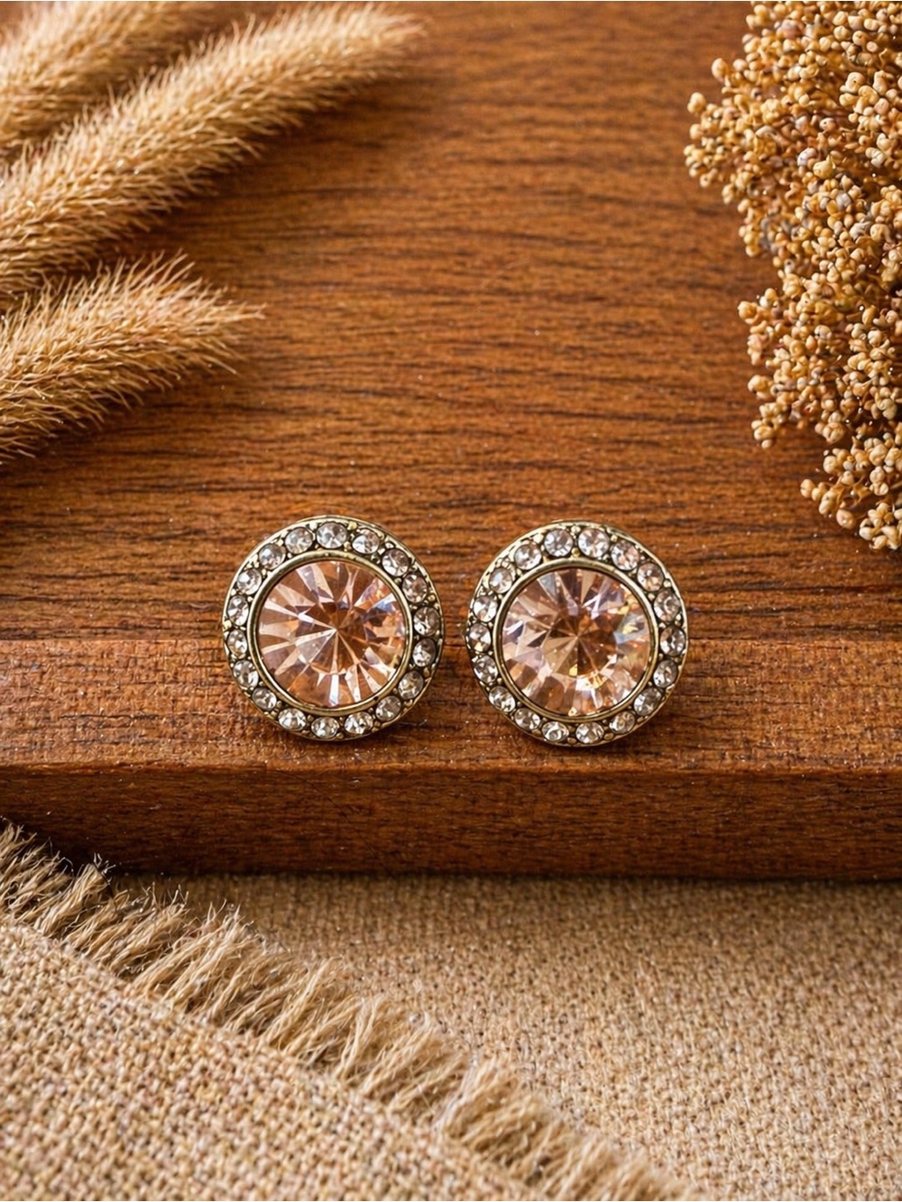Crystal Halo Stud Earrings in Peach